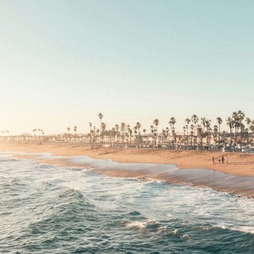 A beach with gentle waves hitting the shore, palm trees, and a few people walking along the sand under a clear sky.