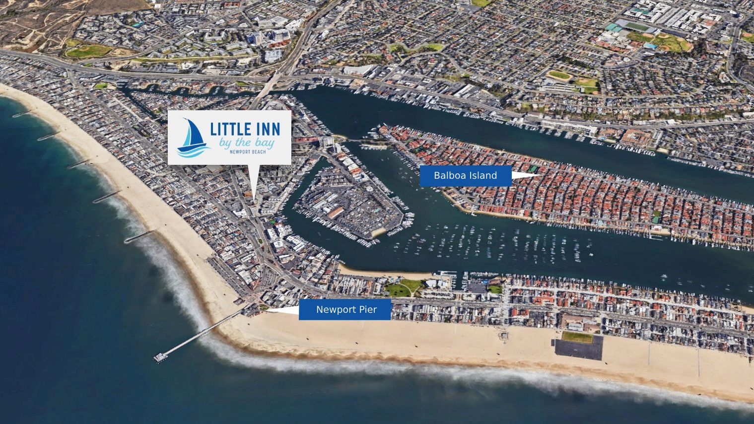 The image shows an aerial view of Newport Beach, California, highlighting the Little Inn, Balboa Island, and Newport Pier.