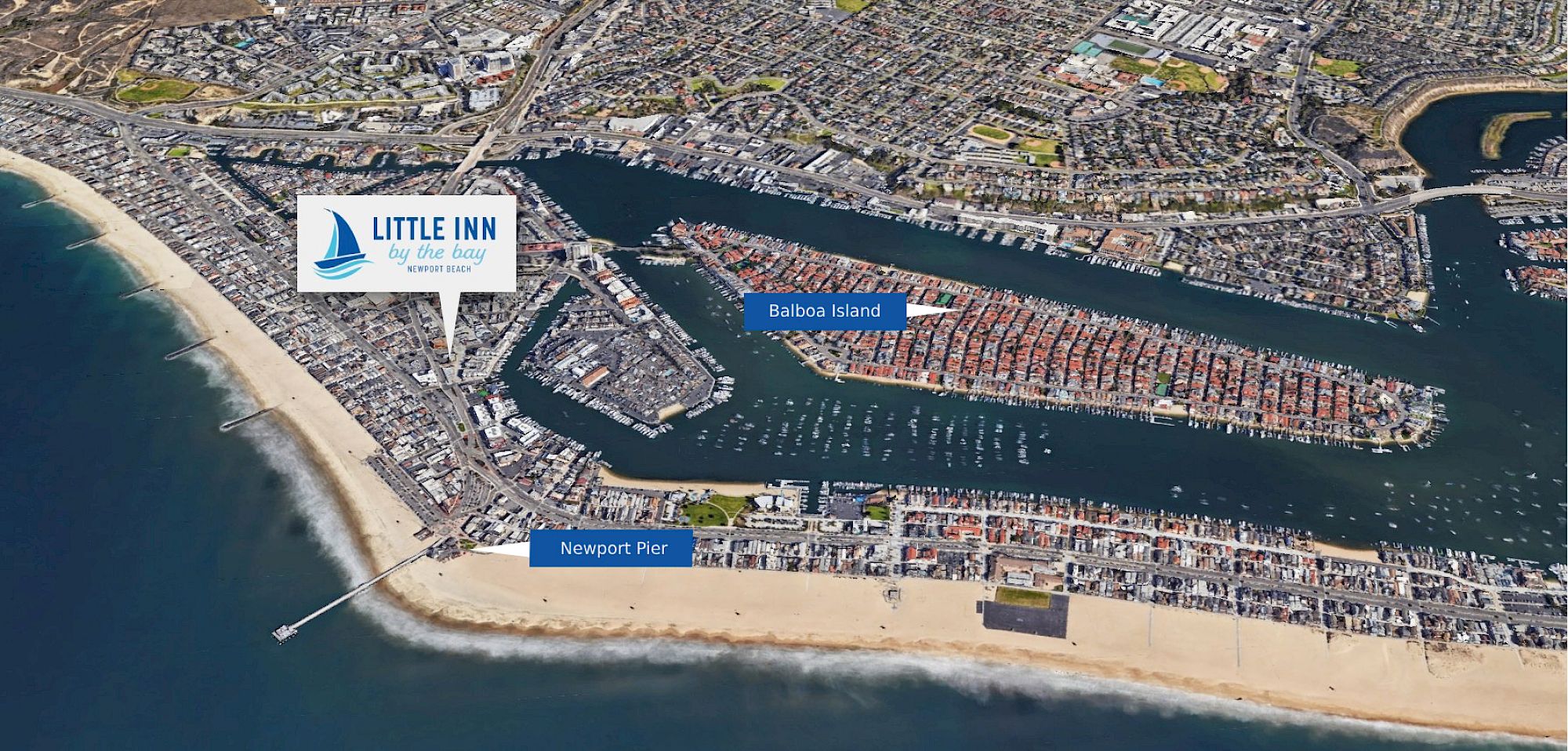 The image shows an aerial view of Newport Beach, California, highlighting the Little Inn, Balboa Island, and Newport Pier.