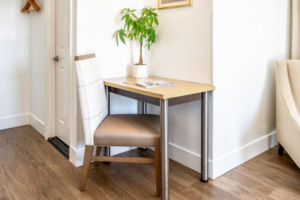 A small desk with a chair, a potted plant, and some pamphlets or papers on top, placed against a wall with hardwood flooring.