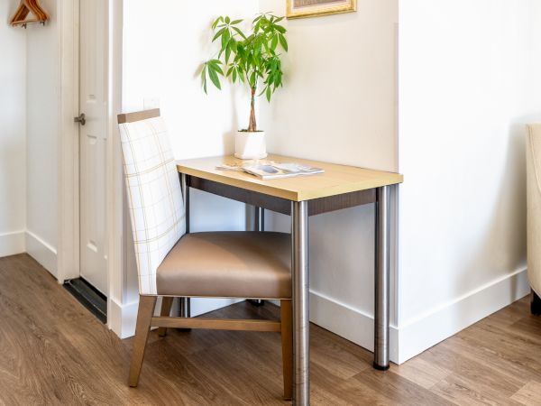 A small desk with a chair, a potted plant, and some pamphlets or papers on top, placed against a wall with hardwood flooring.