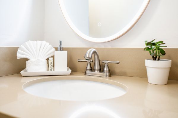 A bathroom countertop with a sink, faucet, round mirror, soap dispenser, decorative towel, and a small potted plant.