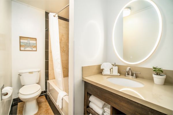 A clean bathroom with a toilet, bathtub, and a vanity with a round, illuminated mirror, countertop decor, and a small plant, ending the sentence.