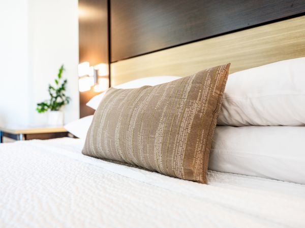 The image shows a neatly made bed with white linens, a brown decorative pillow, and a nightstand with a green plant in the background.