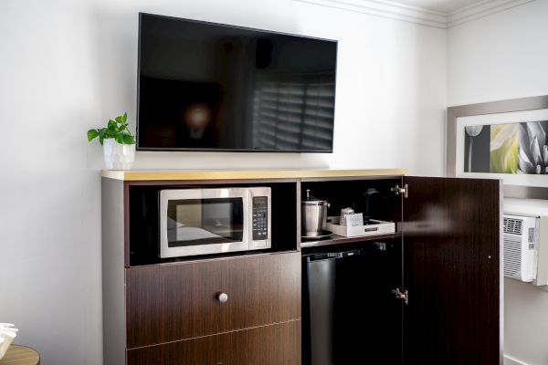 The image shows a hotel room cabinet with a microwave, mini-fridge, ice bucket, plant, and television mounted on the wall above it.