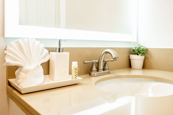 A bathroom countertop with a soap dispenser, towel, small plant, and toiletries next to a faucet and a mirror.