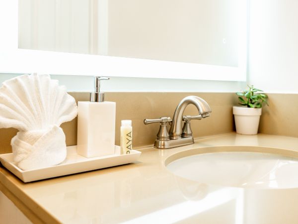 A bathroom countertop with a soap dispenser, towel, small plant, and toiletries next to a faucet and a mirror.