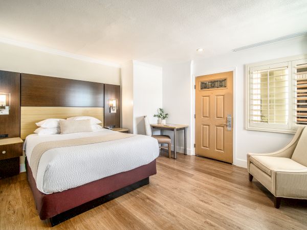 A modern hotel room with a large bed, desk, chair, and armchair, featuring wooden flooring and a well-lit, clean design.
