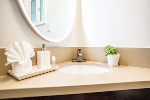 A bathroom sink with a mirror above, soap dispenser, small plant, and neatly folded towels on a tray beside it.