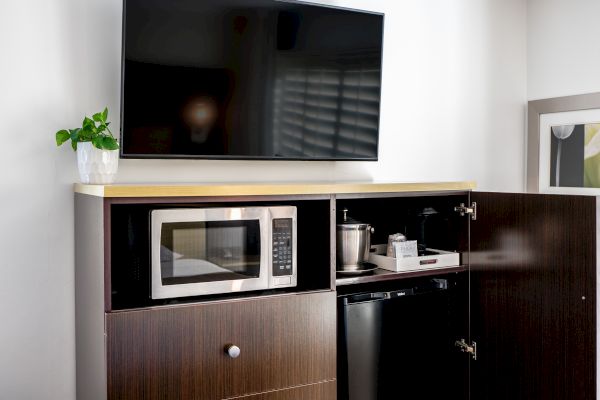 A wall-mounted TV above a cabinet containing a microwave, mini-fridge, ice bucket with glasses, and a potted plant on top.