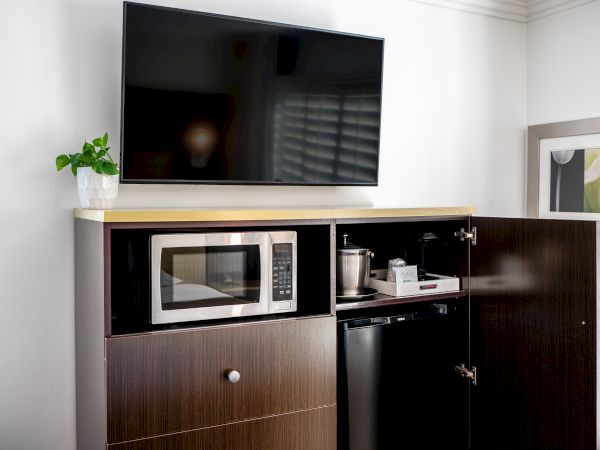 A wall-mounted TV above a cabinet containing a microwave, mini-fridge, ice bucket with glasses, and a potted plant on top.