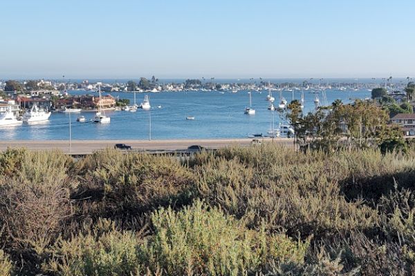 The image shows a scenic coastal view with boats on the water, houses on the waterfront, and vegetation in the foreground.