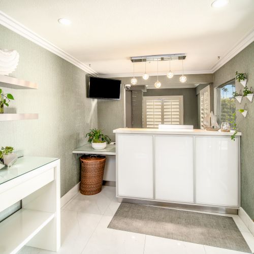 A modern, clean reception area with a white desk, shelves with plants, a TV, and large windows allowing natural light to enter the space.