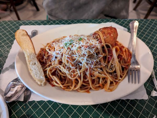 A plate of spaghetti topped with cheese and herbs, served with bread and a meatball, on a green-checkered tablecloth, with a fork and spoon.